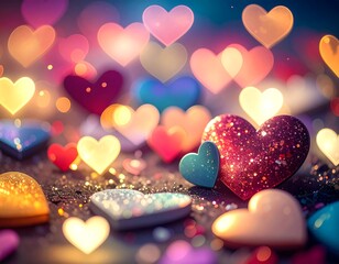 Whimsical heart-shaped lights and glittery objects, bokeh background