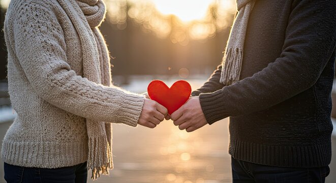 Couple holds heart, symbol of true love. Winter valentine's day full of love