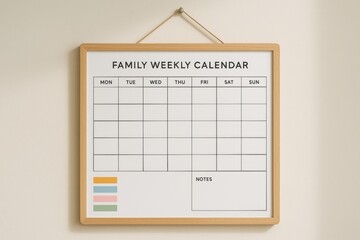 Minimalist family weekly calendar with wooden frame and blank schedule grid hanging on a light wall background for lifestyle organization concept. Ai generative