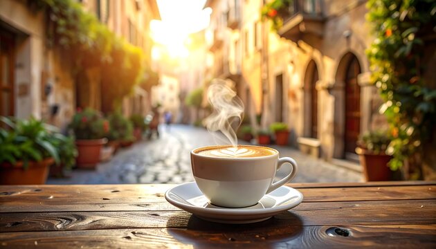 Steaming coffee cup on a wooden table overlooking a charming cobblestone street