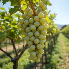 Fototapeta premium Close-up of white wine grapes on a sunny day in a vineyard