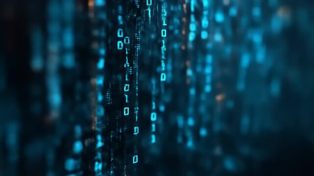 A dynamic display of binary code cascading down a dark backdrop.