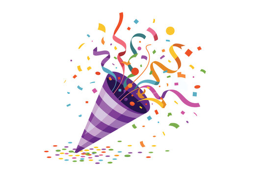Colorful confetti explosion from a purple party popper, creating a festive and celebratory atmosphere on transparent background