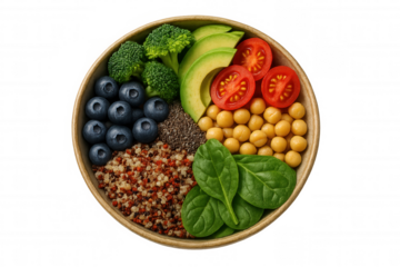 Buddha bowl with quinoa, chickpeas, avocado, spinach, broccoli, blueberries, chia seeds, and tomatoes