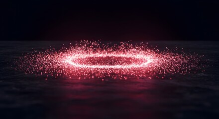 Abstract Glowing Red Particle Ring on Dark Textured Surface - Futuristic Energy Portal Vortex, Digital Magic Circle Light Effect, or Sparkling Sci-Fi Interface