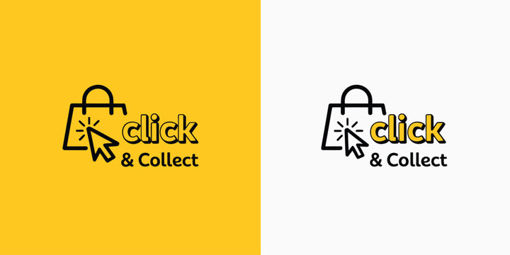 Click and collect logo design with shopping bag and cursor modern vector illustration for online shop, store, and ecommerce on transparent background