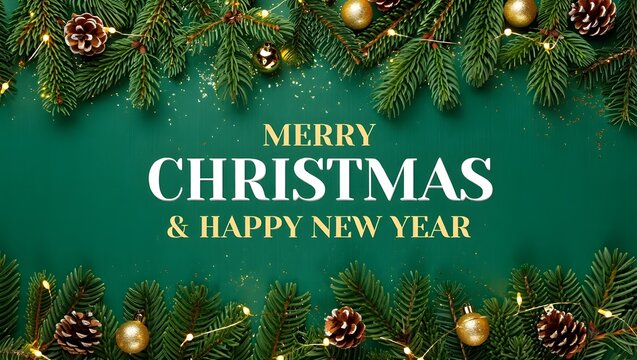 Christmas greeting card with decorated Christmas tree and festive holiday ornaments vector illustration