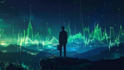 Man surveys glowing data graphs over a vast, illuminated night landscape from a cliff - Powered by Adobe