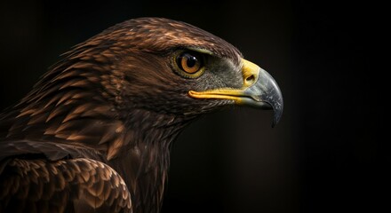 Naklejka premium A close-up portrait of a golden eagle with sharp eyes and detailed feathers, captured against a dark background