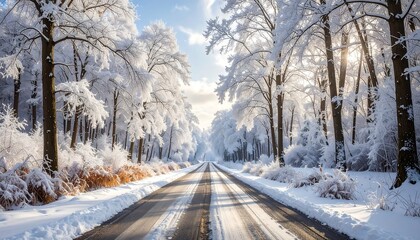Obraz premium Winter Road Through a Snowy Forest Landscape.