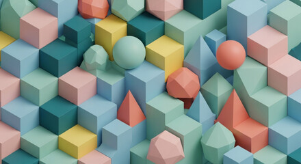 Obraz premium A vibrant and playful arrangement of geometric shapes, featuring cubes, spheres, and pyramids in pastel shades, creating a visually engaging pattern