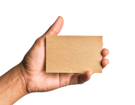 Hand holding a blank brown card isolated on transparent background new png