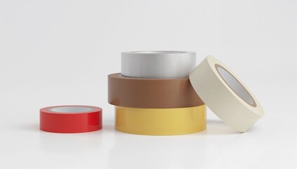 A colorful stack of various adhesive tapes on a white surface