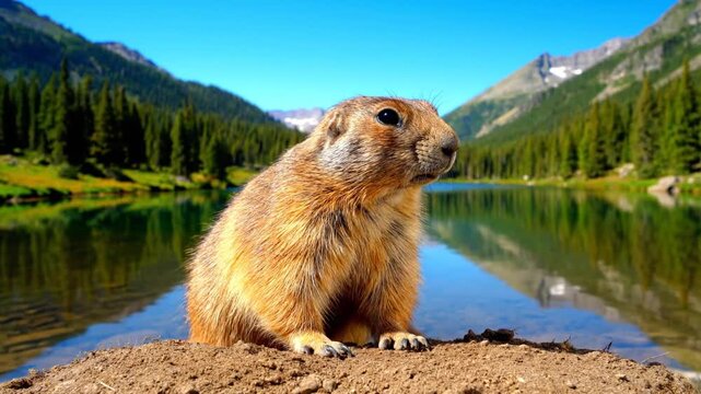 Portrait of a Cute Yellow Bellied Marmot Posing on a Mound with a Lake and Mountain Background in the Forest with Blue Sky in the Afternoon in Nature Wildlife Photography