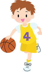 Illustration of a boy wearing yellow jerseys playing basketball. Vector Illustration.
