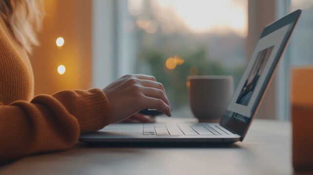 Person typing on laptop keyboard at cozy home desk in warm evening light, focusing on remote work and digital connectivity for modern lifestyle.