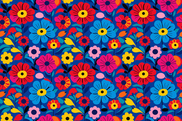 A dynamic, seamless floral pattern featuring lively, stylized flowers in a pop-art style, perfect for vibrant holiday-themed items, textiles, and wrapping paper