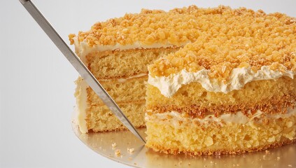 A slice is being removed from a delicious golden crumb topped cake