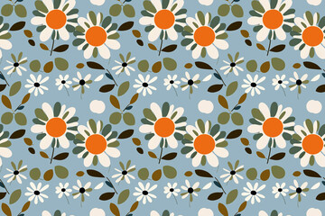 A seamless floral pattern with bright, bold pop-art style flowers, ideal for use as a background in holiday-themed products, textiles, apparel, decorations
