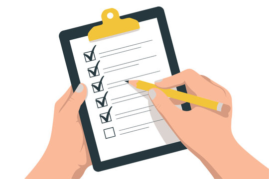 Hand filling checklist on clipboard isolated on completing task, survey, exam, to do list concept human hand holding pencil and marking check boxes on transparent background