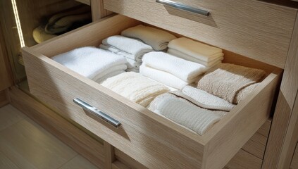 Light-filled wooden drawer, neatly organized towels