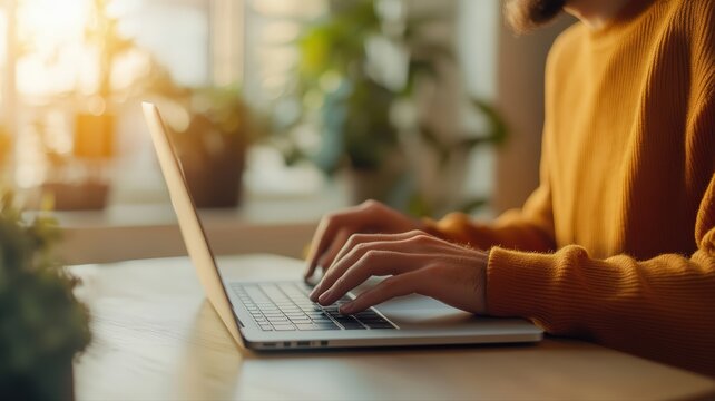 Person's hands actively typing on modern laptop keyboard, bathed in golden sunlight, portraying focused remote work, online communication, and contemporary digital productivity