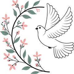 White dove flying near pink flowers and green leaves 1