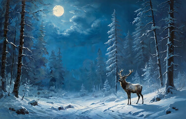 Majestic red deer in a snowy forest under a full moon. Impressionist oil painting with thick brushstrokes, capturing wild winter nature art