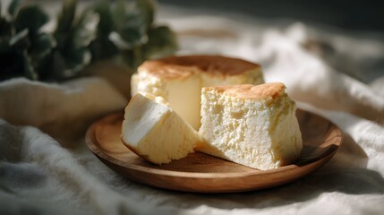 A fluffy Japanese cotton cheesecake partially sliced presented on a rustic wooden plate under soft natural light