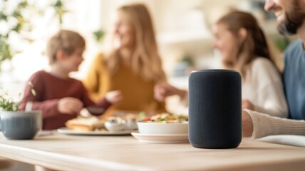 Smart speaker device on wooden dining table, featuring happy family in modern home environment. Enhancing daily life with connected technology.