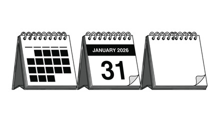 Three calendars showing different dates, isolated on one shows a full month, one shows january 31, 2026, and one is blank on transparent background