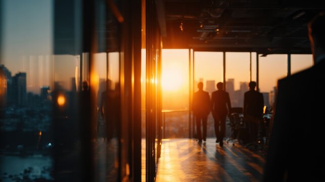 Crew Entering Meeting Room Through Doorway During Sunset Lighting