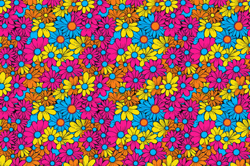Seamless floral pattern featuring lively, stylized flowers in a pop-art style, perfect for textiles, and wrapping paper