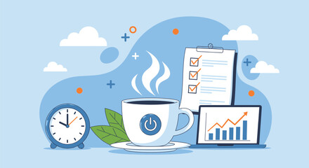 A cup of coffee with a laptop, clock, and clipboard on a blue background, symbolizing productivity and time management for work and business on transparent background