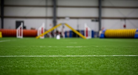 Obraz premium Indoor dog agility course with obstacles and turf field for commercial usage and mockups