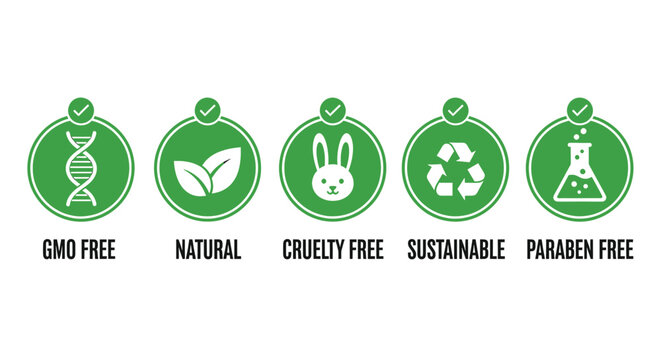 Set of icons for natural, organic, cruelty free, gmo free, sustainable and paraben free products isolated on on transparent background