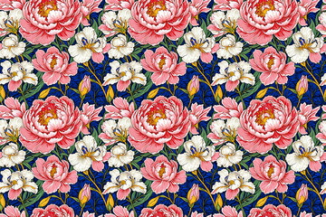 Seamless floral pattern featuring summer peonies and irises in Japanese ukiyo-e style. Elegant design with crisp, clean lines and a flat aesthetic, ideal for textiles, apparel, prints
