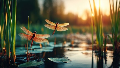 Two dragonflies in flight over a tranquil pond at sunset