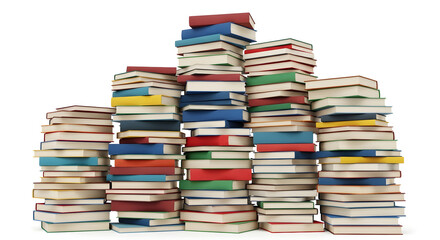Stacks of colorful books isolated on white background create a cityscape