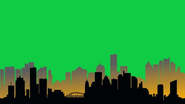 City skyline silhouette smooth zoom timelapse with green screen background