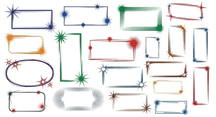 Obraz premium A diverse collection of decorative rectangular and oval frames with starburst accents in various colors.