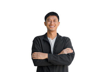 A young Asian man in black coat stands confidently with his arms crossed over his chest, isolated on a white background. Positive person.