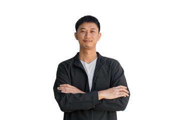 A young Asian man in black coat stands confidently with his arms crossed over his chest, isolated on a white background. Positive person.