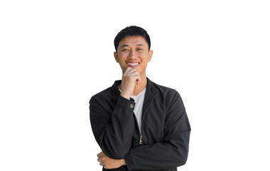 A young Asian man in black coat stands confidently with his arms crossed over his chest, isolated on a white background. Positive person.