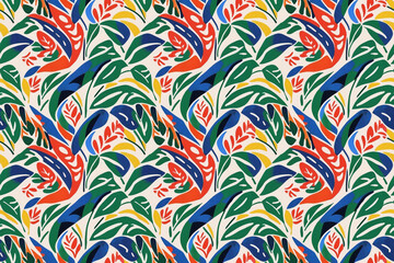 Seamless pattern with vivid tropical print and flowing leaf motifs, ideal for summer fashion including women's dresses, skirts