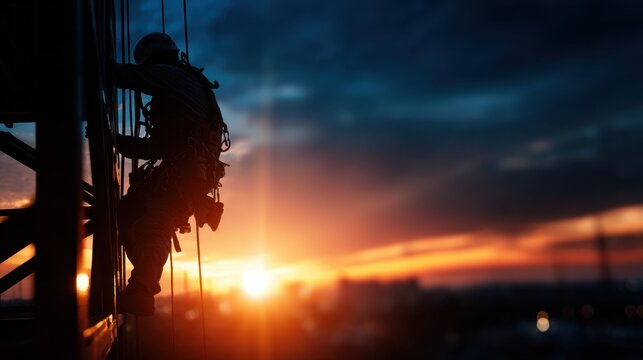 Silhouette of Worker on Construction Site at Sunset