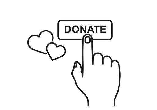 A hand presses a donate button with hearts, isolated on the image promotes charity and giving to those in need on transparent background