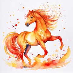 Watercolor abstract composition featuring a dynamic, galloping fiery bay horse, symbolizing 2026. This vibrant and energetic design is ideal for holiday products, greeting cards, and calendars