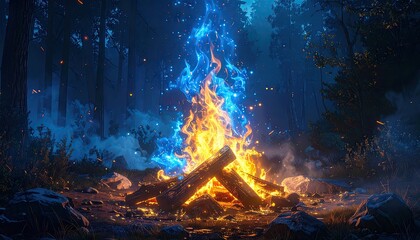 Intense, vibrant campfire with glowing blue and yellow flames burns brightly in a dark forest setting, casting an enchanting light on the surrounding trees and ground, creating a mystical and...