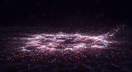 Abstract digital energy wave with shimmering particles radiating light on a dark, futuristic background, evoking a sense of data flow and cosmic wonder for technology and science concepts